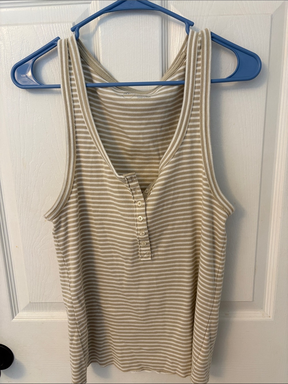 aerie Beige and White Striped Henley Tank